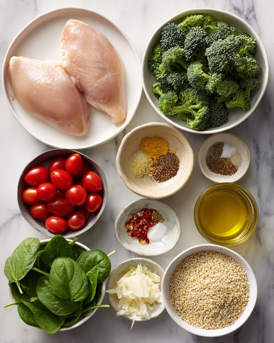 A top view of several white bowls and plates arranged on a white marbled surface, containing fresh ingredients. The largest white plate on the left holds two raw chicken pieces with a light pink color and smooth texture. Above and to the right, a white bowl contains dark green broccoli florets with a rough, bumpy texture. Below the broccoli, a small beige bowl holds a mix of spices including white salt, black pepper, light brown garlic powder, yellow minced garlic, and red pepper flakes arranged in small piles. To the left of the spices, a white bowl is filled with bright red cherry tomatoes, some sliced in halves showing juicy interiors. Below the tomatoes, a smaller white bowl holds fresh dark green spinach leaves with visible veins and a slightly shiny surface. To the right of the spinach bowl, a small white container holds golden yellow olive oil with a smooth surface. Above the olive oil, a white cup contains light amber apple cider vinegar. To the bottom right, a larger white bowl is filled with small, white quinoa grains with a bumpy texture. Next to the quinoa, a white bowl holds pale yellow parmesan cheese shavings with a slightly rough texture. At the bottom left, a small white bowl contains fresh bright green basil leaves with a soft and smooth texture. The layout is clean and bright with natural lighting, photo taken with an iphone --ar 4:5 --v 7
