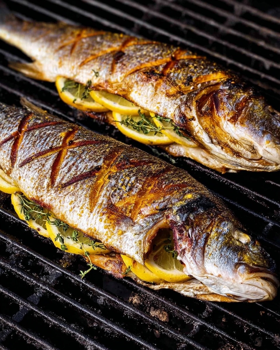 Two whole grilled fish with golden brown, crispy skin rest on a black grill with clear grill marks forming a crisscross pattern on the facing fish. Each fish is sliced open to show slices of bright yellow lemon and green sprigs of fresh herbs stuffed inside. The fish have a slightly charred color near the head and tail and the grill surface shows some shiny spots. The photo is taken close up showing the texture of the fish scales and grill lines. photo taken with an iphone --ar 4:5 --v 7