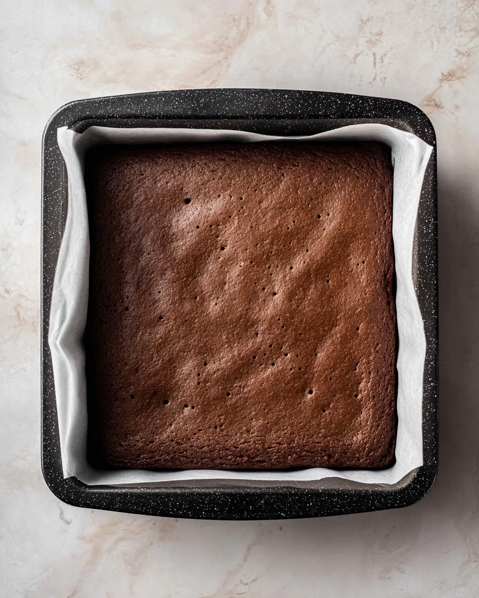 A single layer of baked chocolate brownie sits in a square black speckled baking pan lined with white parchment paper. The brownie surface is smooth with small air holes and a rich dark brown color. The pan is placed on a surface with a white marbled texture. The photo taken with an iphone --ar 4:5 --v 7