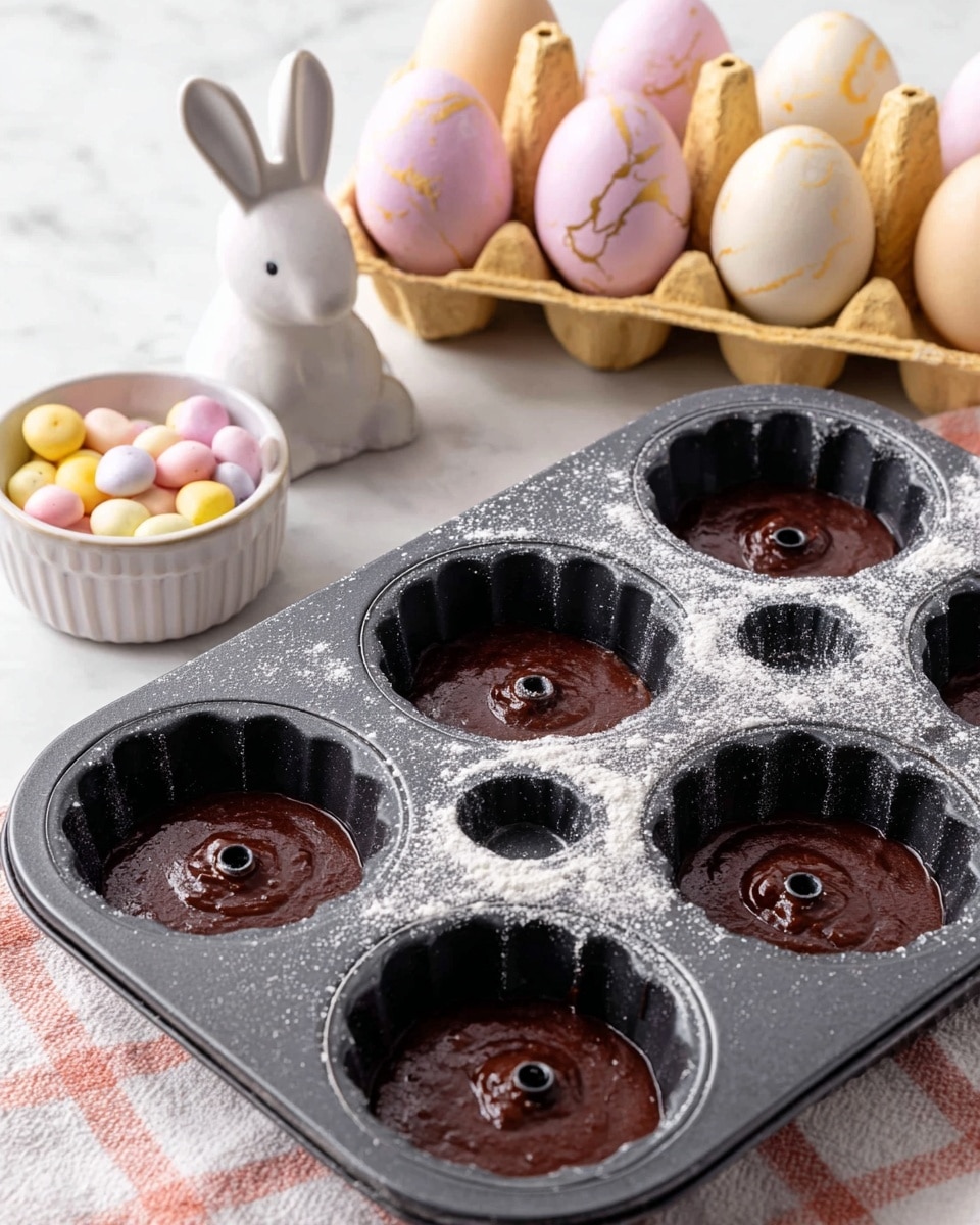 A black bundt cake pan filled with six small cakes in progress, each cavity dusted with flour and filled with smooth, dark brown chocolate batter; behind the pan are four pastel pink eggs with gold streaks in a beige carton and a small white bowl holding speckled pastel pink and yellow candy eggs, all placed on a white marbled surface with a pastel checkered cloth underneath and a white ceramic bunny-shaped container nearby. photo taken with an iphone --ar 4:5 --v 7