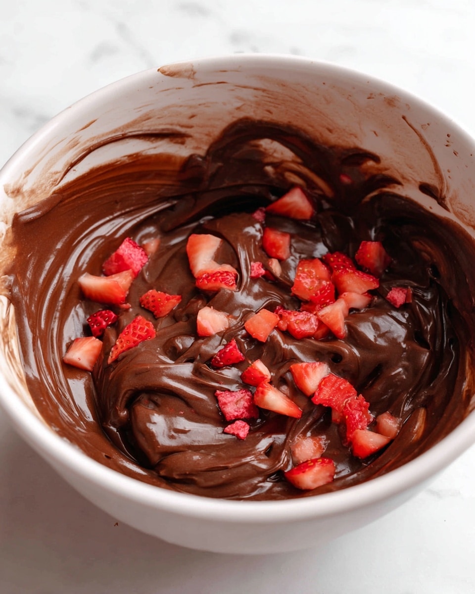 A close-up of a white bowl filled with thick, dark brown chocolate cream mixed with small bright red pieces of strawberry. The chocolate cream covers the bottom and the sides of the bowl unevenly, while the strawberry pieces are scattered on top and mixed slightly inside the chocolate. The bowl sits on a white marbled surface. Photo taken with an iphone --ar 4:5 --v 7