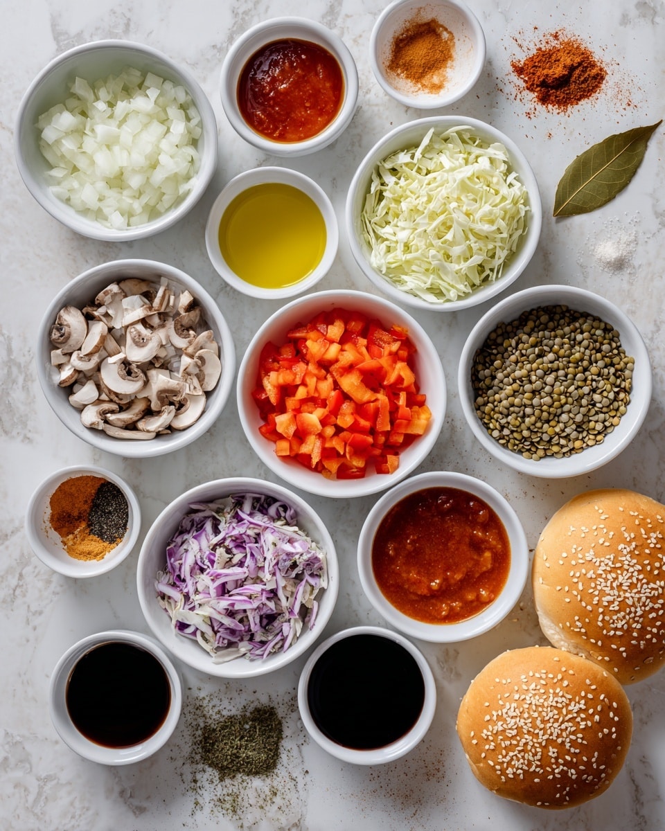 The image shows a top-down view of multiple small white bowls arranged on a white marbled surface, each filled with different ingredients for cooking. There are fourteen bowls visible, containing finely chopped onions (white), minced garlic (light yellow), diced red bell pepper (bright red), chopped mushrooms (light brown with white), a mix of slaw (white, purple, and orange shredded vegetables), dry lentils (light greenish-beige), tomato sauce (deep red), olive oil (yellow), Worcestershire sauce (dark brown), maple syrup (dark brown), and small piles of spices including oregano (green), chili powder (bright orange-red), paprika (red), salt (white), and pepper (black and white speckles). A single bay leaf rests on an empty white bowl, and four whole sandwich buns (golden brown with sesame seeds) are placed near the bowls. The bowls vary slightly in shape with round or oval forms, and the overall scene is clean and orderly. Photo taken with an iphone --ar 4:5 --v 7