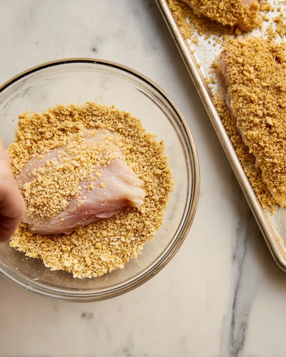 The image shows a clear glass bowl on a white marbled surface. Inside the bowl, there is a pale piece of raw chicken being pressed down into a layer of crushed crackers that cover the bottom of the bowl. To the right, there is a metal baking tray with two large pieces of raw chicken coated evenly with a thick layer of the same crushed crackers, giving them a rough golden texture. The scene is well-lit, highlighting the textures of the chicken and cracker crumbs, with a simple and clean kitchen setting. photo taken with an iphone --ar 4:5 --v 7