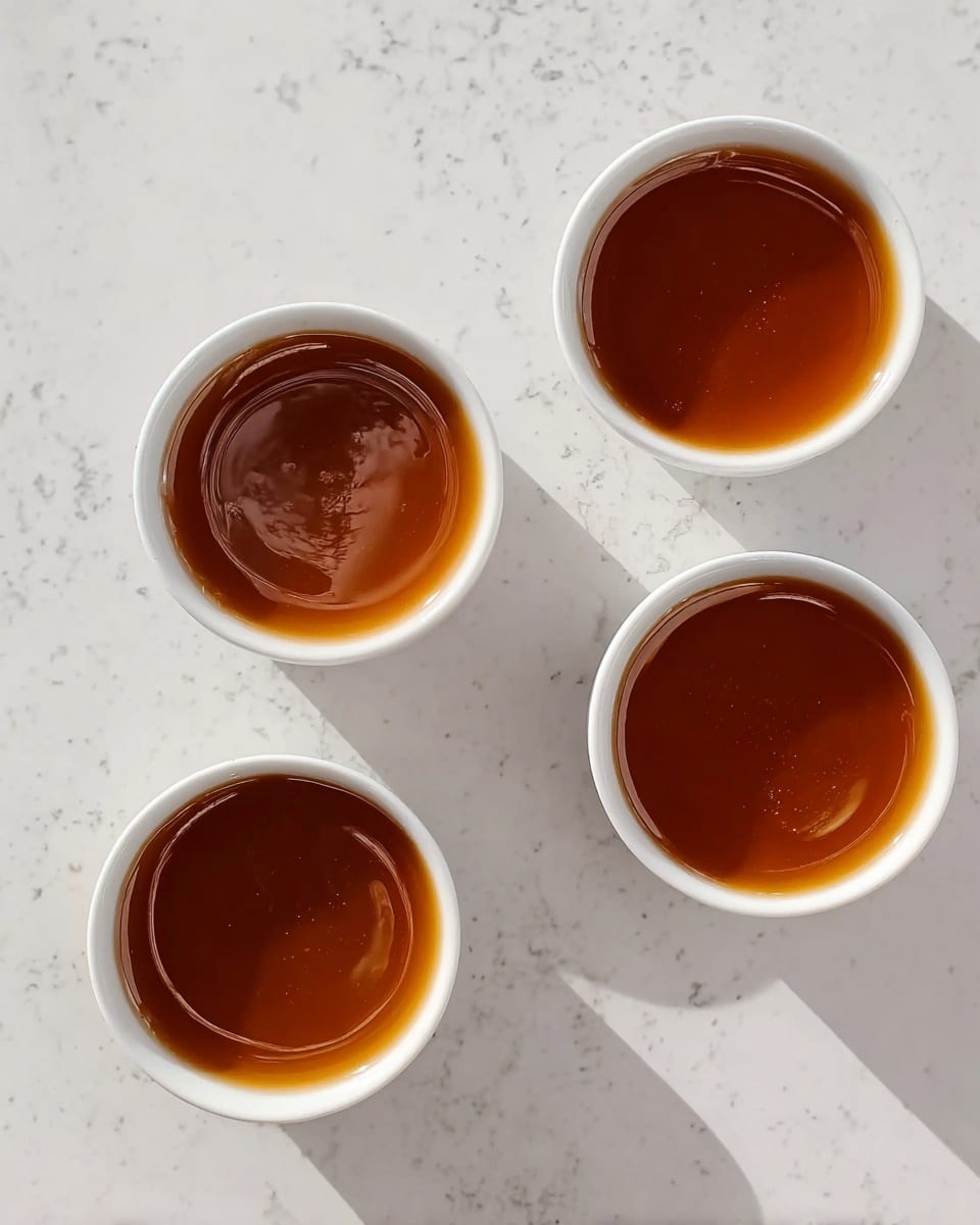 Four small white bowls are placed on a white marbled surface, each filled with a shiny dark amber liquid that looks thick and smooth. The bowls are arranged in a square pattern, two on top and two below, with light reflecting softly off the liquid surface showing gentle ripples and texture. Photo taken with an iphone --ar 4:5 --v 7