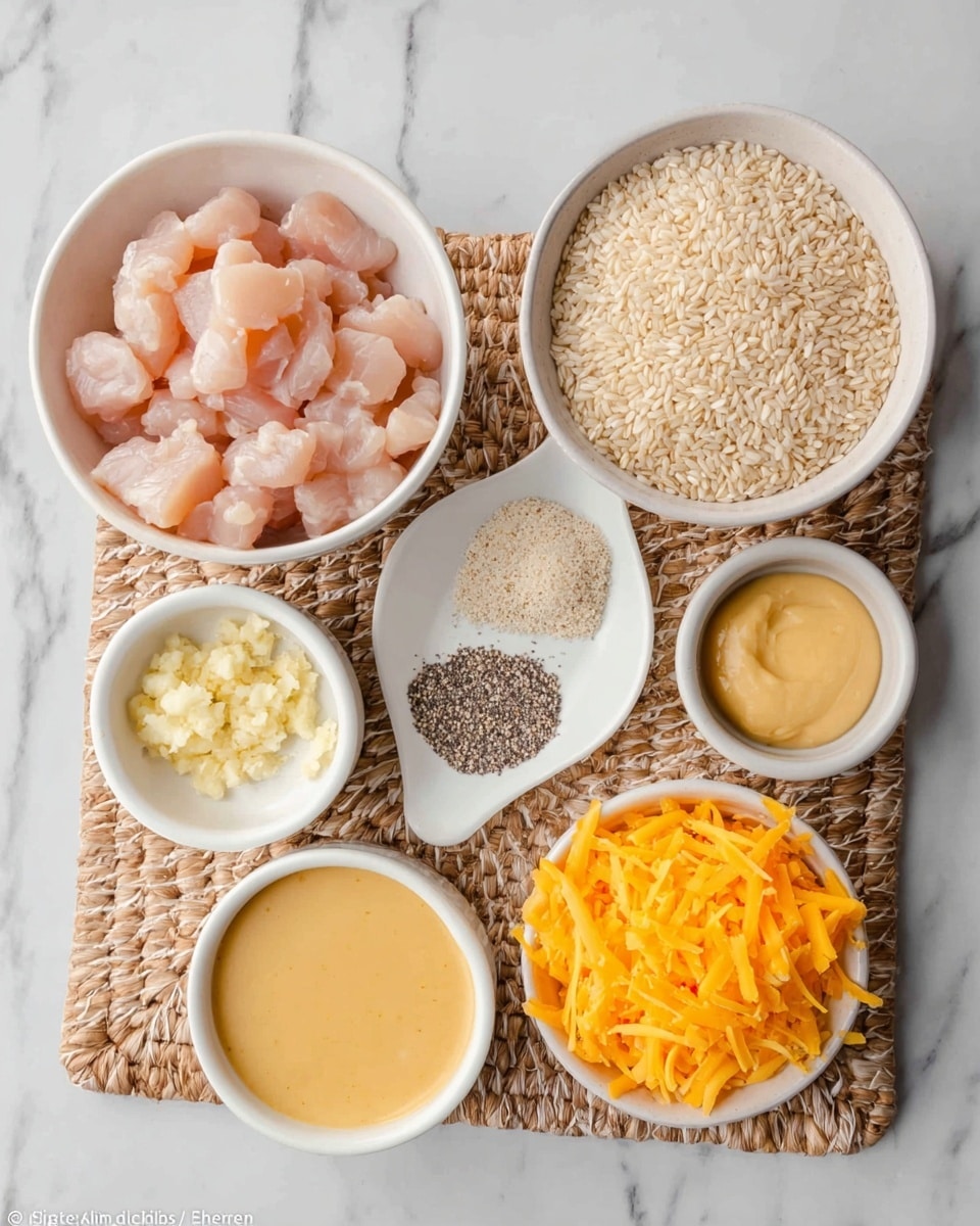 The image shows six white bowls with different ingredients arranged on a square woven mat, placed on a white marbled surface. The largest bowl at the top left contains diced light pink chicken pieces. To the right of it is a bowl filled with dry rice grains that are off-white in color. Below the chicken is a small bowl with minced garlic, showing a pale yellow texture. Centered below the rice is a small bowl holding seasoning with two sections: light pink salt and black pepper. To the far right is a bowl with shredded orange cheddar cheese, and in the bottom center is a bowl with smooth, light yellow mustard sauce. Photo taken with an iphone --ar 4:5 --v 7