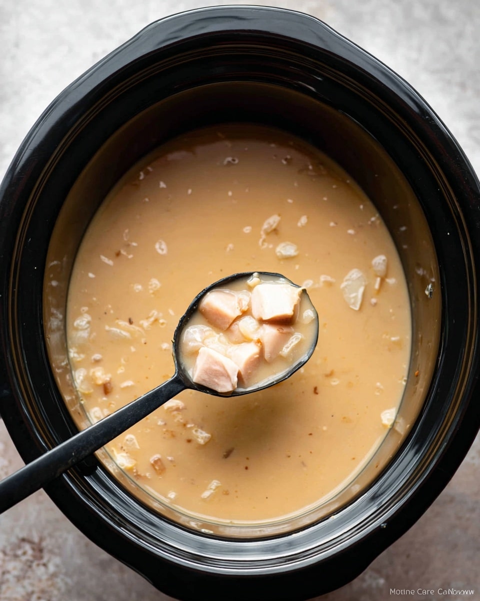 A black slow cooker filled with a creamy light tan soup shows visible chunks of pale pinkish-white pieces and small bits of onions spread evenly throughout. A black spoon inside the cooker holds several of these pale chunks with some liquid pooling around them. The slow cooker sits on a white marbled texture with slight shadowing. The soup surface is smooth with a few small bits floating near the top. photo taken with an iphone --ar 4:5 --v 7