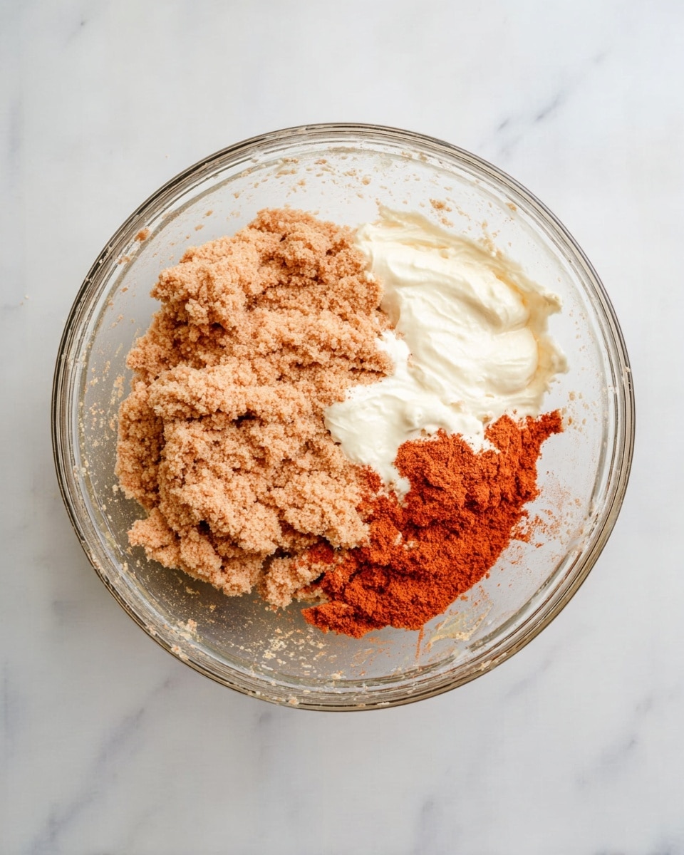 A clear glass bowl sits on a white marbled surface, holding three distinct layers inside. The largest layer is soft and crumbly, light brown with a sandy texture, taking up most of the bowl. Next to it is a thick, smooth white layer of cream, placed on the right side. A small patch of red-orange powder, with a fine and powdery texture, lies partially on the crumbly layer and touches the cream. The bowl edges show some smears from mixing. photo taken with an iphone --ar 4:5 --v 7