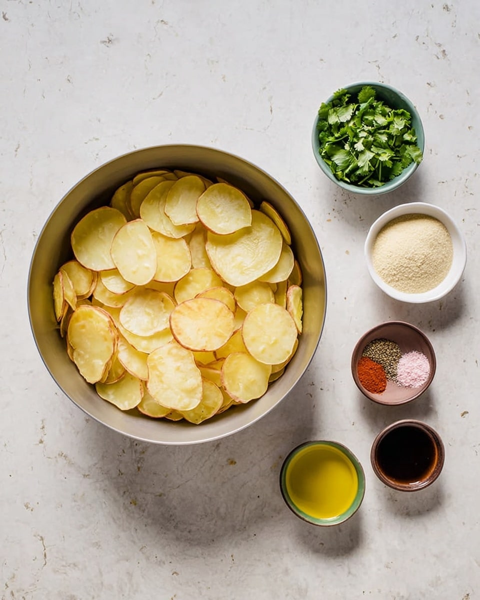 A large round metal bowl filled with many thin, pale yellow potato slices with slightly browned edges, placed on a white marbled texture surface. To the right, there are five small bowls with different ingredients: a small white bowl with light beige powder, a small white bowl with fresh green cilantro leaves, a small dark brown bowl divided into three sections containing pink, black, and light brown spices, a small green bowl with yellow melted butter or oil, and a small dark brown bowl with dark liquid. The image is bright and clear, showing all textures and colors on the white marbled background. photo taken with an iphone --ar 4:5 --v 7