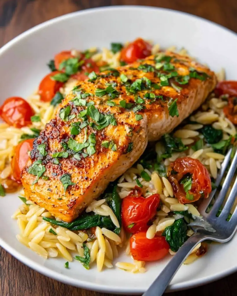 One Pan Salmon with Spinach and Orzo Recipe