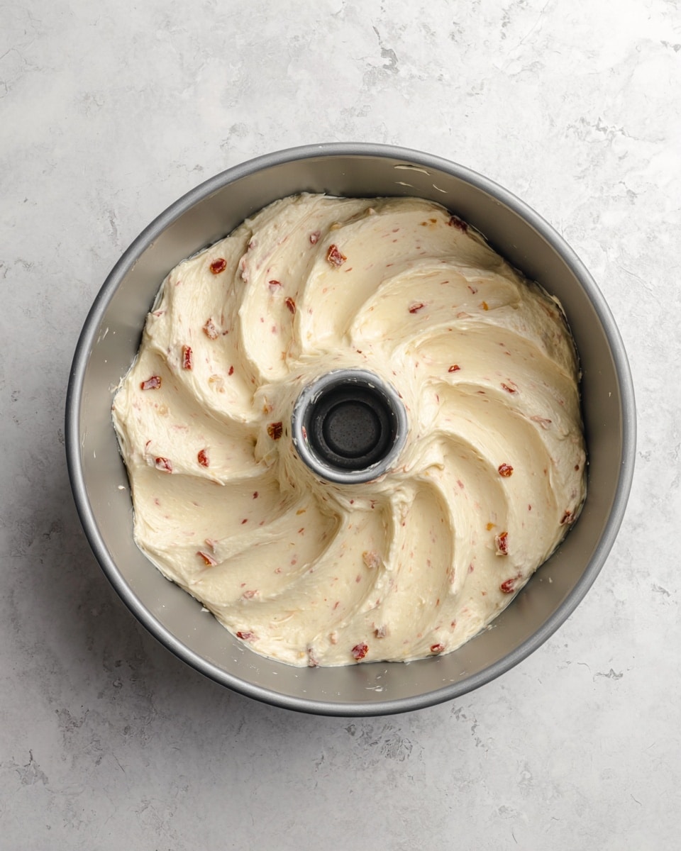 A light cream-colored batter with small red fruit pieces is spread evenly inside a gray Bundt cake pan. The batter has a smooth and fluffy texture with some visible soft folds and swirls on the surface. The pan's inner ridges create a sunburst pattern around the center hole. The pan is placed on a white marbled textured surface. photo taken with an iphone --ar 4:5 --v 7