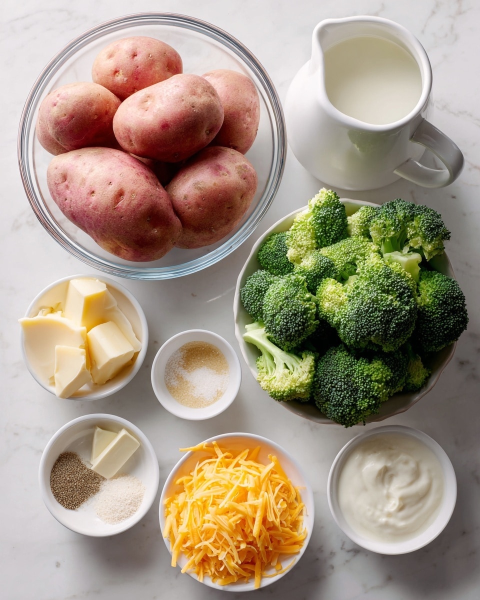 A clear glass bowl filled with several whole red potatoes sits next to a white bowl filled with bright green broccoli florets. Around them are five small white bowls and a white pitcher arranged on a white marbled surface. The small bowls contain white salt, pale yellow butter, coarse black pepper, creamy white sour cream, and light brown onion powder. A small white bowl holds bright orange shredded cheddar cheese. The white pitcher is filled with milk. All ingredients are neatly placed and clearly visible in natural light. photo taken with an iphone --ar 4:5 --v 7