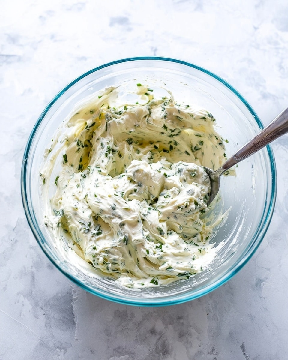 A clear glass bowl holds a creamy white mixture with chopped green herbs spread evenly throughout. The texture looks smooth but thick, with some peaks and swirls showing the mixture was recently stirred. A silver spoon rests inside the bowl, partially covered in the mixture. The bowl sits on a white marbled surface that adds a clean and bright background to the scene. photo taken with an iphone --ar 4:5 --v 7