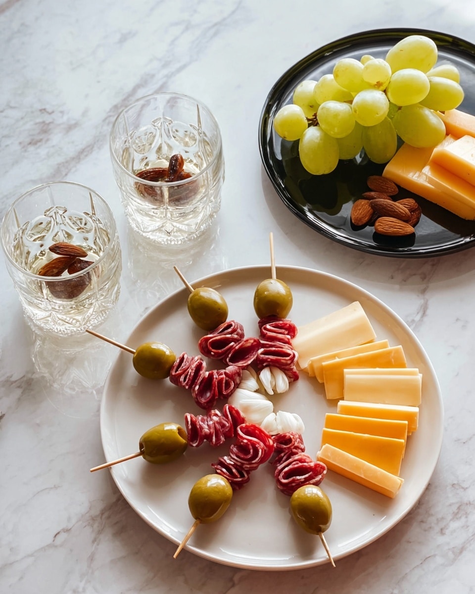 The image shows a white plate with 12 skewers arranged in a rough circle, each skewer having a green olive paired with either thin red rolled slices of cured meat or small white pickled onions. To the top right, there is a black round dish holding three layers: a cluster of green grapes on the left, two stacked layers of yellow and orange rectangular cheese slices on the right, and a single dried apricot near the top edge. Behind the plate and dish, two clear wine glasses each contain a few almonds and a dried apricot piece, placed on a white marbled surface. photo taken with an iphone --ar 4:5 --v 7