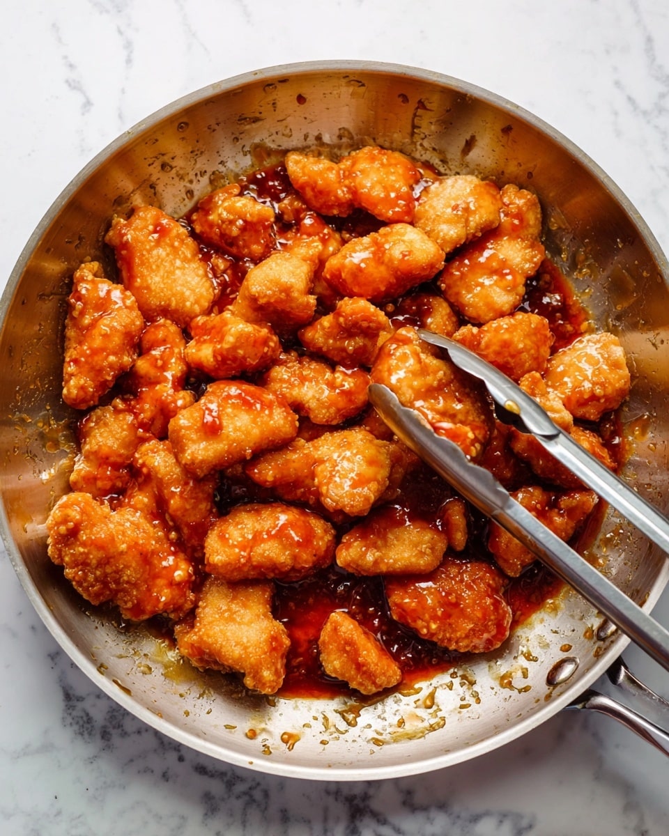 The image shows a white metal pan filled with pieces of fried chicken covered in bright orange sauce. The chicken pieces are unevenly coated, some showing a crispy, light golden texture while others are fully covered in the shiny, sticky sauce. A pair of metal tongs is picking up one piece from the middle, adding a sense of action. The pan rests on a white marbled surface that contrasts with the rich colors of the food. photo taken with an iphone --ar 4:5 --v 7