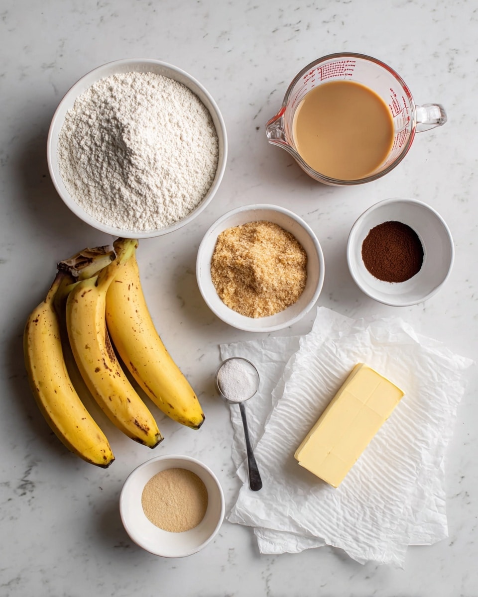 The image shows a white marbled surface with seven cooking ingredients neatly arranged. On the left side, there is a white bowl filled with white flour, next to three yellow ripe bananas with some brown spots at the bottom left. Above the bananas, there is a clear glass measuring cup filled with a light brown liquid. In the center, a small white bowl holds a light brown, crumbly substance. Toward the right, a white plate with a ruffled edge has a light beige powder spread on it. Below that, a small white cup contains dark brown powder. To the right of the bananas and flour, a stick of yellow butter sits on white parchment paper. At the bottom right, a small white bowl contains a light brown creamy substance. Nearby, a silver measuring spoon with a small amount of white powder rests on the surface. The photo taken with an iphone --ar 4:5 --v 7