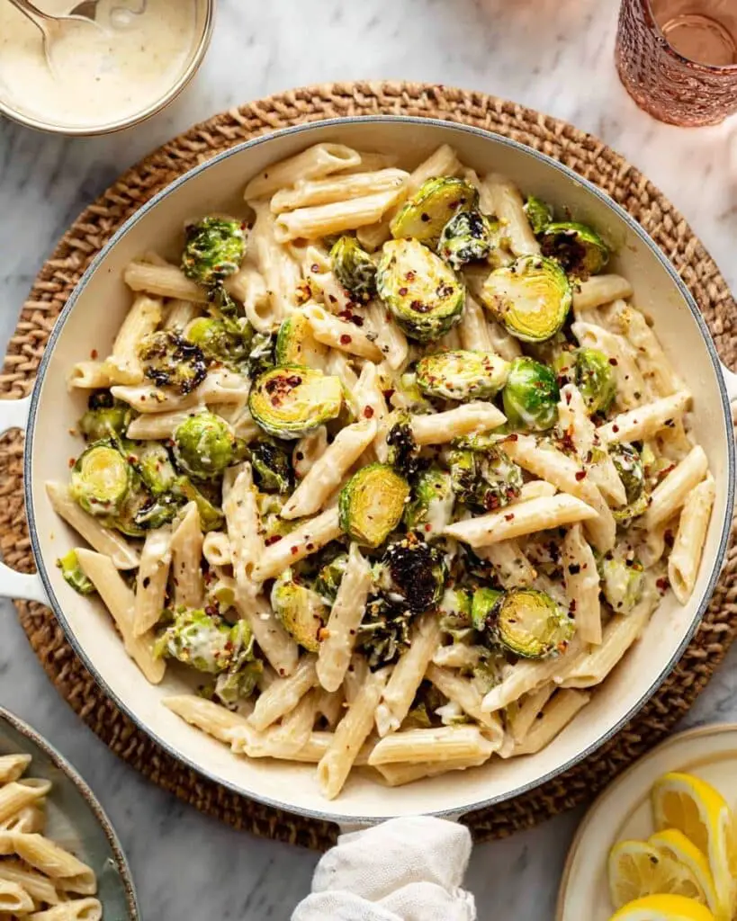 Roasted Brussels Sprouts Pasta with Garlic Cream Sauce Recipe