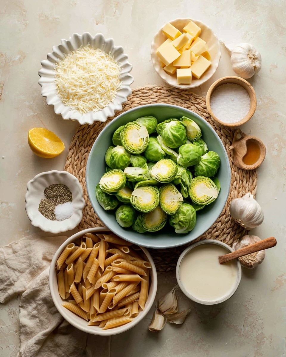 The image shows an arrangement of ingredients on a white marbled surface. In the center is a large light blue bowl filled with halved Brussels sprouts, showing bright green outer leaves and pale inner layers. Below it is a white bowl filled with dry penne pasta, light brown and smooth. To the left of the sprouts bowl, a small white scalloped dish holds grated cheese, white and fluffy in texture. Next to it, a round dish contains cubed yellow butter. Above these, there are small containers holding salt and pepper, flour, and oil. To the right of the sprouts is a small white bowl with a creamy white sauce and a wooden-handled spoon resting beside it. Also placed near the sauce are garlic cloves and a halved lemon showing its yellow bright inside. A woven mat underlies many of the bowls, adding an earthy texture. Photo taken with an iphone --ar 4:5 --v 7
