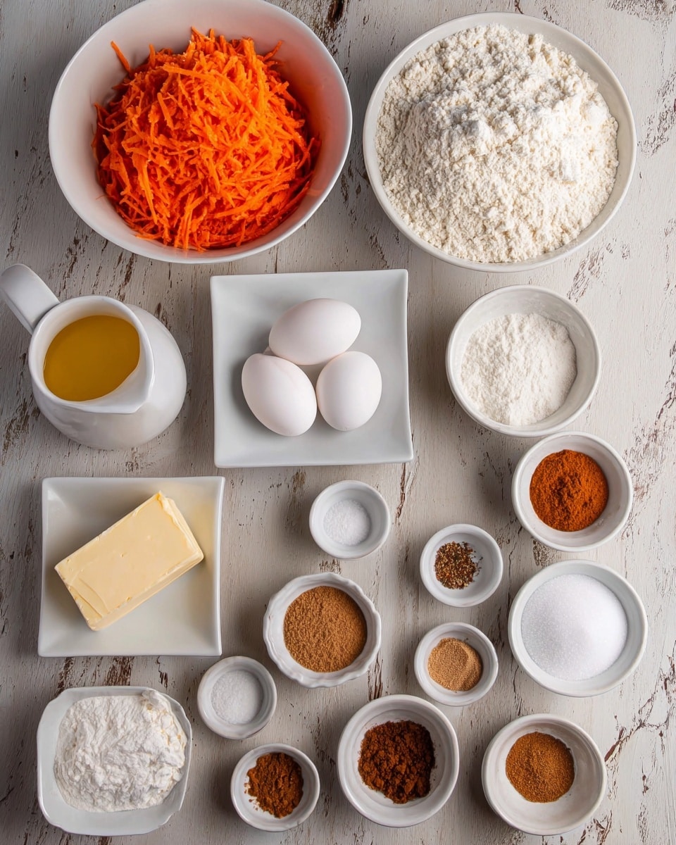 The image shows multiple white bowls and small dishes arranged on a white marbled surface, each holding different baking ingredients. At the top left is a large white bowl full of bright orange shredded carrots, next to a small white square bowl holding three white eggs. Nearby, there's a white ceramic jug with a handle filled with a yellow liquid. A rectangular block of butter in partially opened paper wrapping sits by them. A large white bowl filled with white flour is placed near the center right. Other smaller white bowls and dishes are filled with white granulated sugar, brown sugar, powdered sugar, white salt, white baking powder, and various brown spices. The items are laid out in a neat, organized manner. photo taken with an iphone --ar 4:5 --v 7