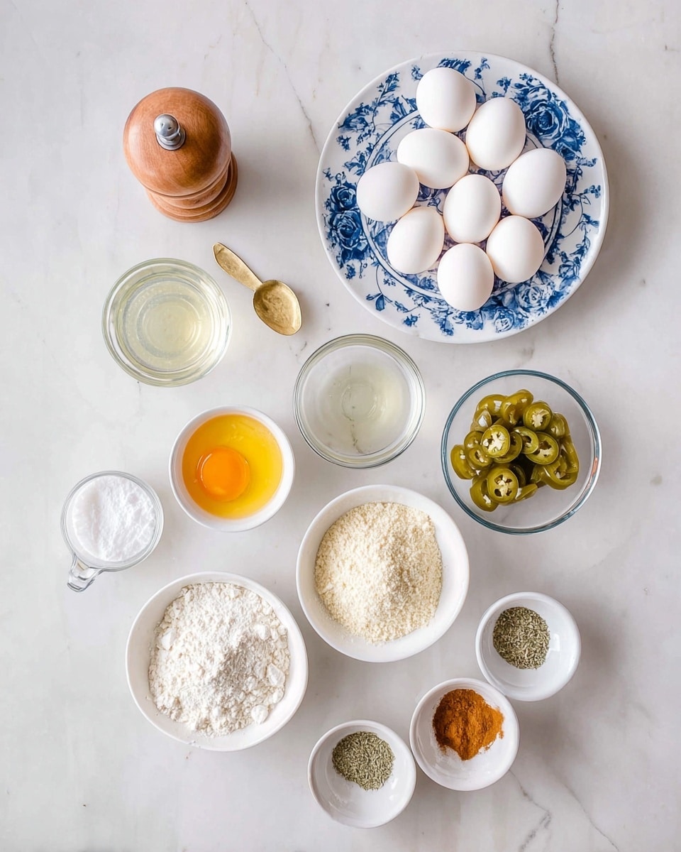 A top-down view of various ingredients neatly placed on a white marbled surface in small white bowls and glass containers. At the top right, a white plate with blue floral patterns holds seven peeled whole eggs arranged in a group. To its left is a wooden pepper grinder and below it a white bowl with a golden spoon resting inside, containing salt. Below the eggs and salt are two glass bowls—one with a yellow egg yolk and the other with sliced green jalapeños. A clear measuring cup with a light liquid is placed to the far left. Scattered near the center bottom are several white bowls filled with different powders and pastes: flour, panko breadcrumbs, a creamy white substance, mustard, a spice mix, and dried herbs. The layout is clean and organized, showing each ingredient clearly. Photo taken with an iphone --ar 4:5 --v 7