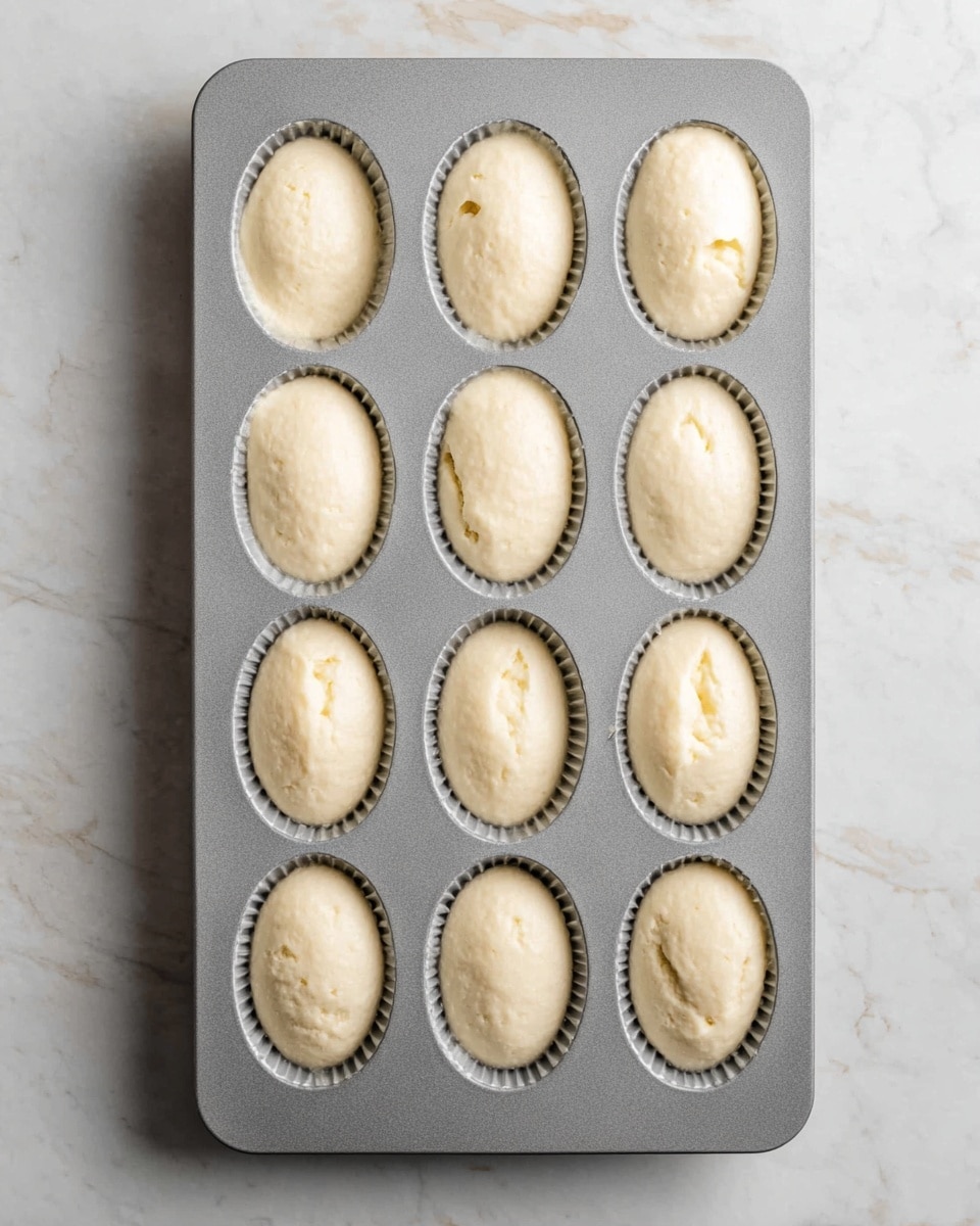 A gray baking pan filled with nine small, oval-shaped batter portions arranged in three rows and three columns. Each batter piece is light cream in color with a slightly bubbly, soft texture, sitting neatly inside the pan's ridged molds. The pan is placed on a white marbled surface which has soft grey veins visible. The lighting is natural and soft, highlighting the smooth yet slightly uneven surface of the batter. photo taken with an iphone --ar 4:5 --v 7
