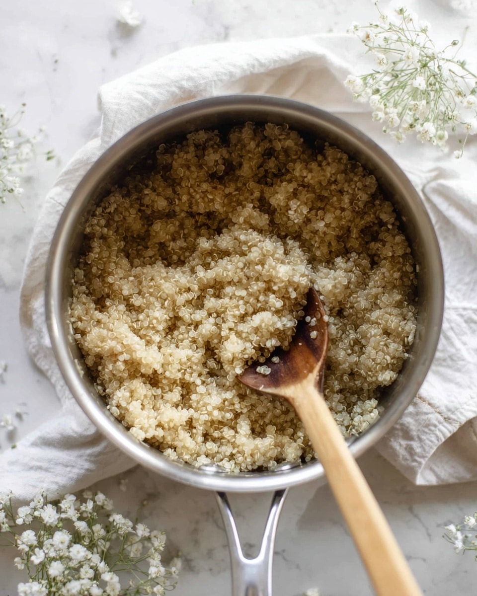 A close-up view of a stainless steel pot filled with cooked quinoa, which looks light beige and fluffy with tiny, round grains evenly spread throughout. A wooden spoon with a light brown handle rests inside the pot, slightly pushing into the quinoa. The pot sits on a white cloth on a surface with a white marbled texture, and small white flowers are scattered around, adding a delicate touch. The scene is well lit with soft natural light, creating a fresh and clean look photo taken with an iphone --ar 4:5 --v 7