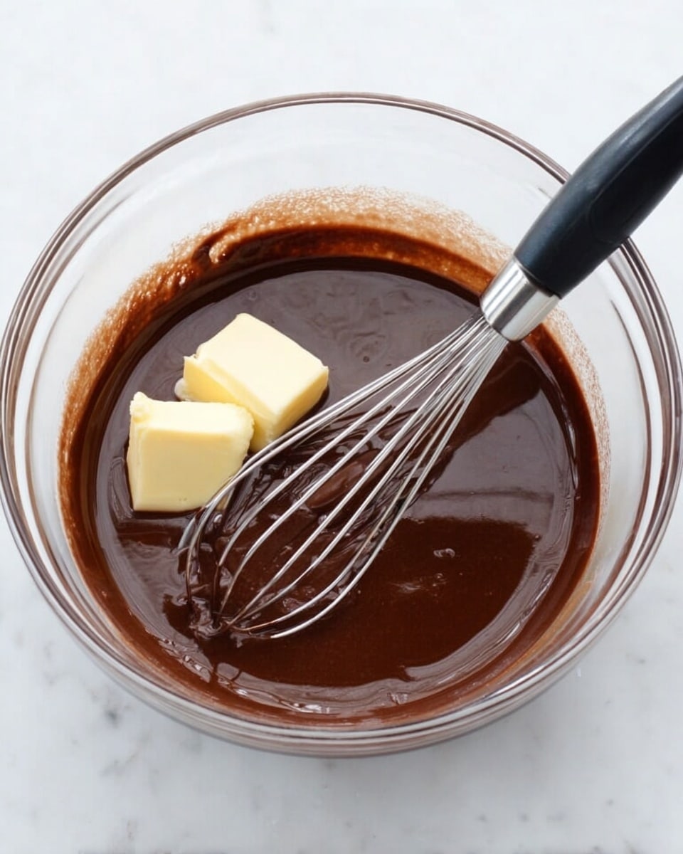 A clear glass bowl holds a dark brown chocolate mixture with a smooth and glossy texture, partially stirred by a silver whisk with a black handle resting inside. On one side of the mixture, two pale yellow pieces of butter float, starting to melt into the warm chocolate. The bowl is shown on a white marbled surface with light reflections highlighting the shiny liquid. The scene looks clean and simple, with the focus on the rich chocolate mixture and the metal whisk photo taken with an iphone --ar 4:5 --v 7
