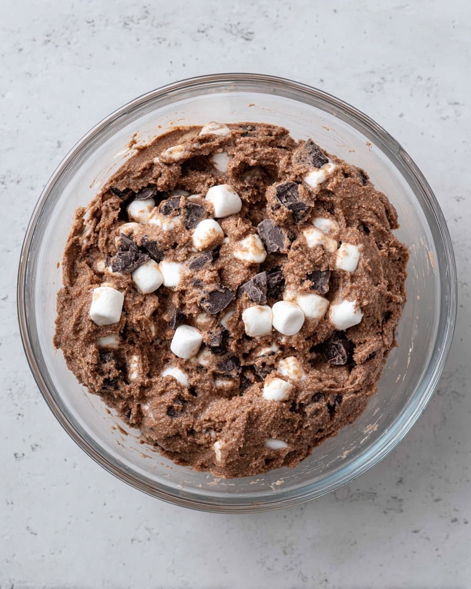 A clear glass bowl contains one thick layer of dark brown cookie dough mixed with small white marshmallows and dark chocolate chunks. The dough looks creamy with bits of chocolate scattered throughout, sitting on a white marbled textured surface. Photo taken with an iphone --ar 4:5 --v 7
