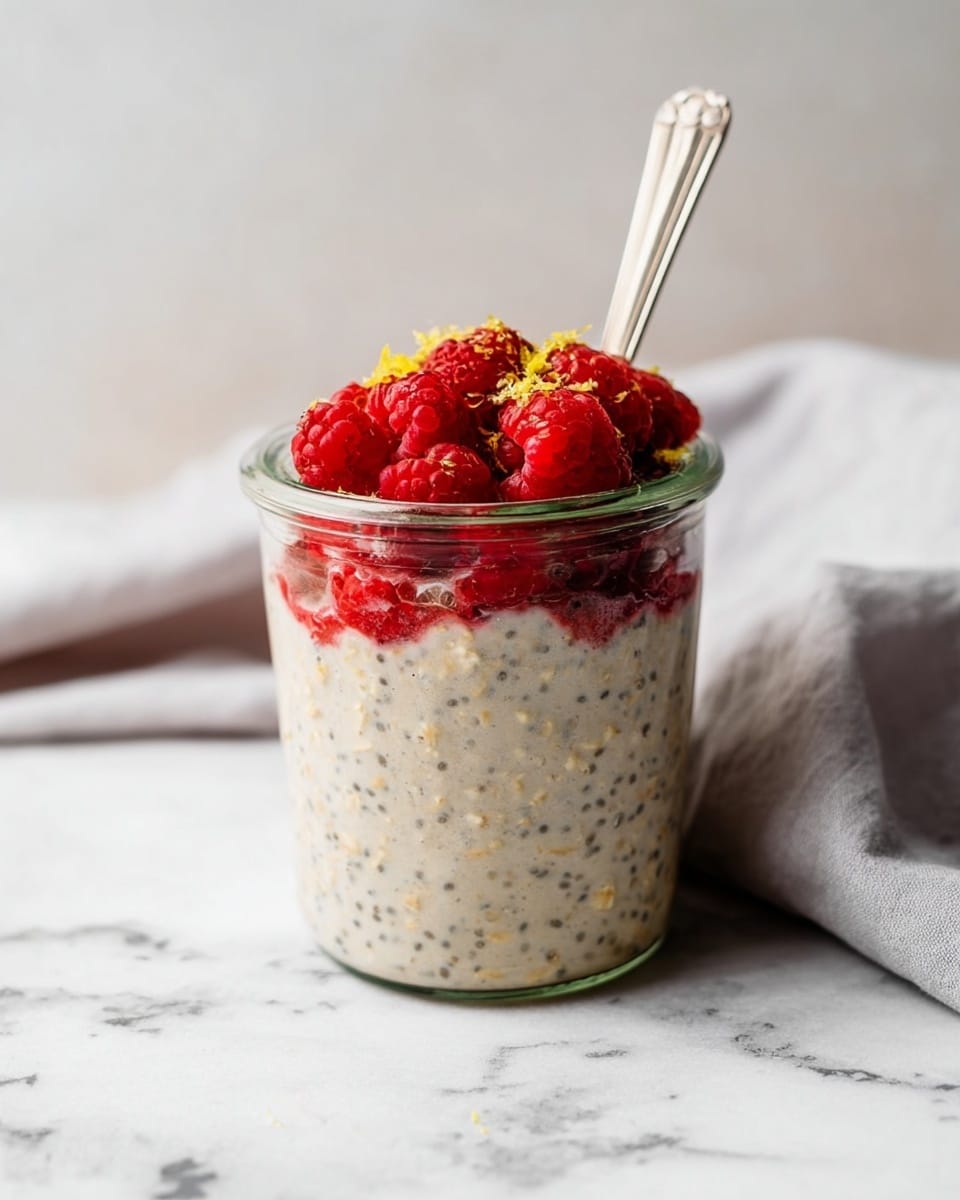 A clear glass jar filled about three-quarters full with creamy oatmeal mixed with visible chia seeds, having a slightly grainy texture with light beige and black specks. On top of the oatmeal is a thick layer of bright red raspberries, fresh and plump, with small green leaves tucked among them. Tiny yellow lemon zest pieces are sprinkled over the raspberries. A silver spoon sticks out from the jar behind the fruit layer. The jar sits on a surface with a white marbled texture, and a soft light grey cloth is draped in the blurred background. Photo taken with an iphone --ar 4:5 --v 7