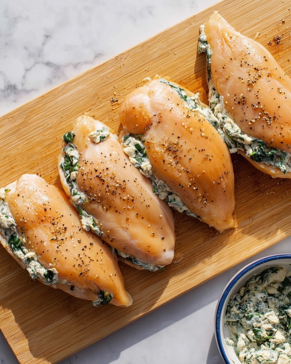 Four uncooked chicken fillets are placed on a light wooden cutting board, each fillet slit open and filled with a creamy white mixture that has green spinach pieces visible inside. The chicken fillets have a light orange-pink color with a smooth, shiny texture and are seasoned with black pepper scattered over the surface. Some of the creamy spinach filling is spilling out slightly from the slits. In the bottom right corner, a white bowl with a blue interior edge contains more of the creamy spinach mixture. The whole scene is brightly lit with soft shadows, resting on a white marbled surface. Photo taken with an iphone --ar 4:5 --v 7