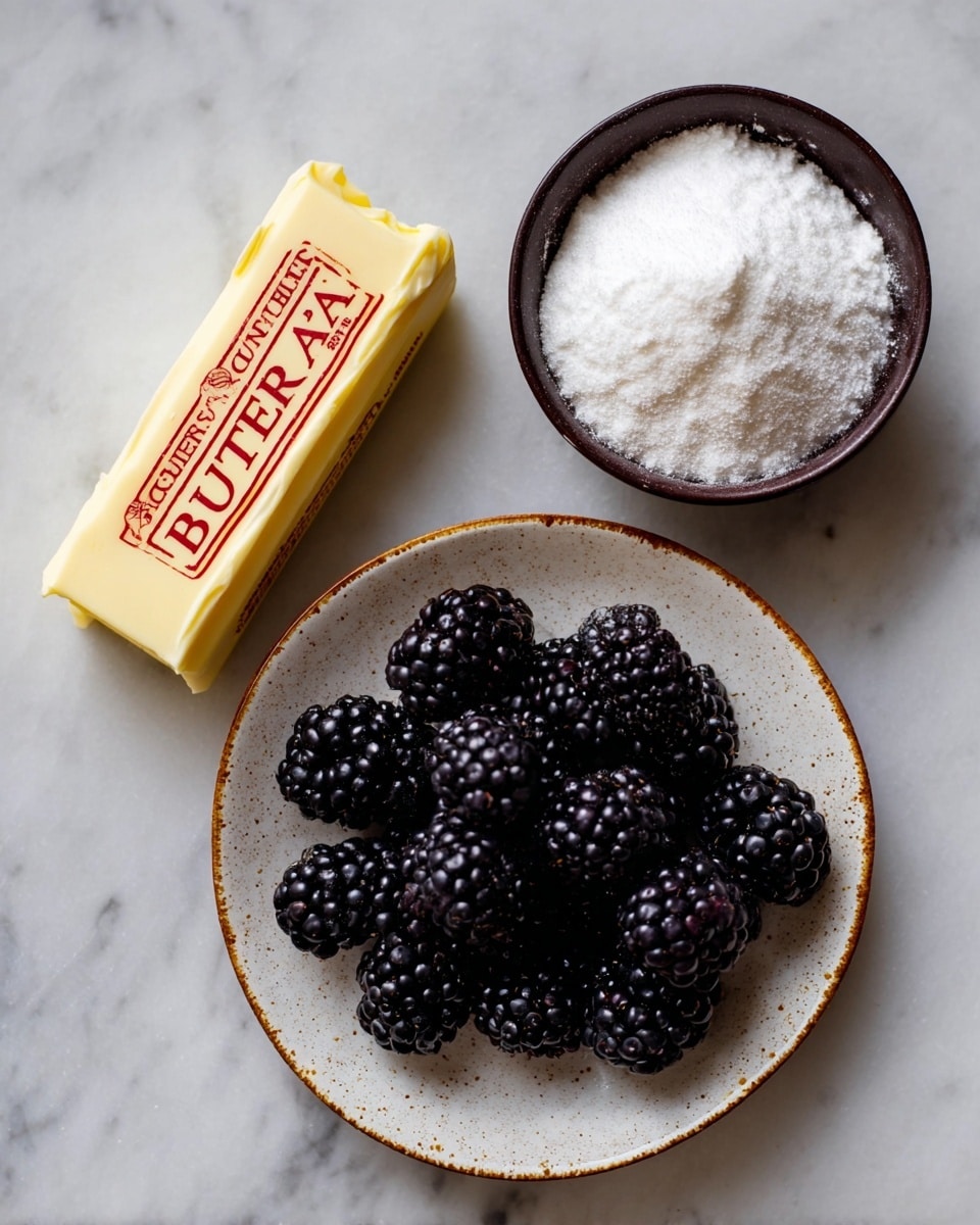 The image shows three items on a white marbled surface: a stick of sweet unsalted butter in a light yellow wrapper with red text, a small dark brown bowl filled with white powdered sugar, and a speckled white plate with a brown rim holding a group of fresh blackberries. The butter is positioned above the two bowls, which sit side by side. photo taken with an iphone --ar 4:5 --v 7