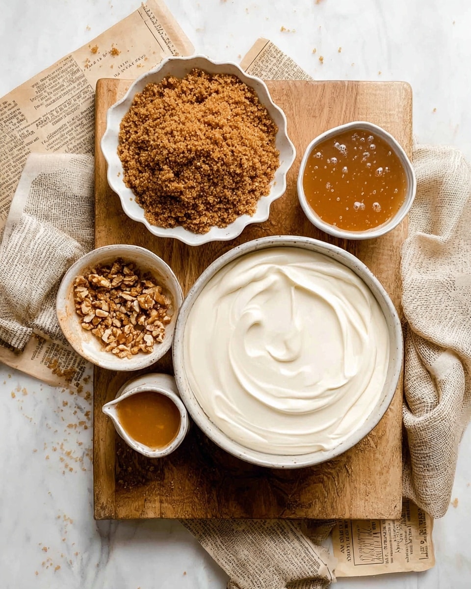 The image shows four white bowls on a wooden board with old recipe papers underneath and a beige cloth to the side on a white marbled surface. The largest bowl in the bottom left corner holds a smooth, thick white cream with visible swirls on top. To the top right of it, a scalloped edge bowl is filled with rough, crumbly brown sugar. Next to the bottom right, there is a small pitcher with a light brown, glossy sauce that has small bubbles on the surface. In the smallest bowl on the bottom left, there are crushed nut pieces with a crunchy texture. photo taken with an iphone --ar 4:5 --v 7