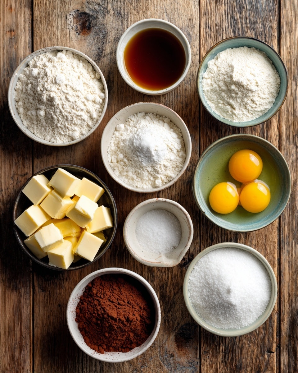 The image shows a top view of nine small white bowls arranged on a wooden surface with various baking ingredients. Starting from the top left, there is a bowl filled with white flour, next to it a small bowl with brown vanilla liquid, then another small bowl with white baking powder, and a bit smaller bowl with salt. Below the flour is a bowl filled with white powdered sugar, beside it a bowl with cubes of yellow butter, a bowl with brown cocoa powder, a bowl with two cracked yellow eggs in clear egg whites, and lastly a bowl filled with white granulated sugar. Each bowl is clearly labeled with its ingredient and the wooden surface has a warm brown tone. photo taken with an iphone --ar 4:5 --v 7