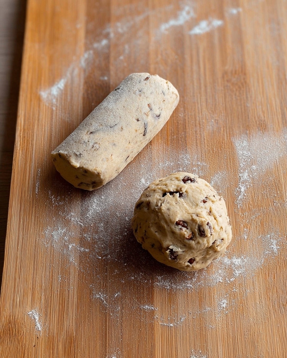 The image shows two pieces of light brown dough with small dark nut pieces inside resting on a wooden board lightly sprinkled with flour. The dough on the top right is a rough, round ball with a textured surface, while the dough on the bottom left is a smooth, oval log. The wooden board has a natural grain pattern and a few scattered white flour spots. photo taken with an iphone --ar 4:5 --v 7