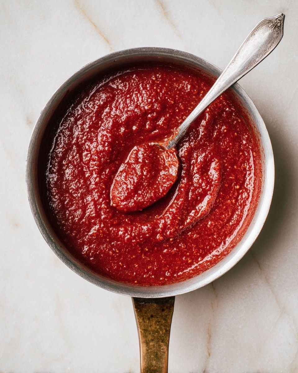A single layer of thick, deep red sauce with a slightly grainy texture fills a small round metal pan with a worn bronze handle. A silver spoon rests inside the pan, scooping up a portion of the sauce, showing its rich, dense consistency. The pan sits on a white marbled surface that adds a clean and bright contrast to the vivid red sauce. photo taken with an iphone --ar 4:5 --v 7