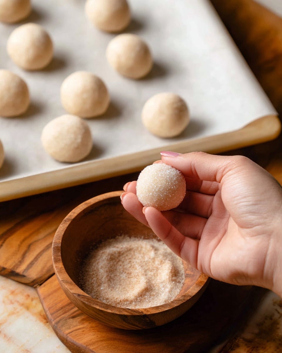 A woman's hand holds a small round dough ball coated in light granulated sugar, near a wooden bowl filled with a mix of sugar and cinnamon. In the background, there is a white baking tray lined with parchment paper holding several more smooth, pale dough balls evenly spaced out. The scene is set on a warm, worn wooden surface with a white marbled texture visible along the edges. The lighting is soft and natural, highlighting the fine texture of the sugar and the roundness of the dough balls photo taken with an iphone --ar 4:5 --v 7