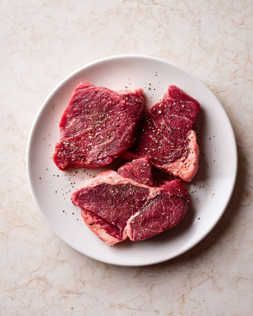 On a white plate, there are three raw red meat pieces arranged close together, each showing marbled fat in light pink and white tones. The meat is sprinkled with black pepper and coarse seasoning, creating small dark specks on the surface. The plate sits on a white marbled textured surface which gives a soft contrast to the deep red color of the meat. photo taken with an iphone --ar 4:5 --v 7