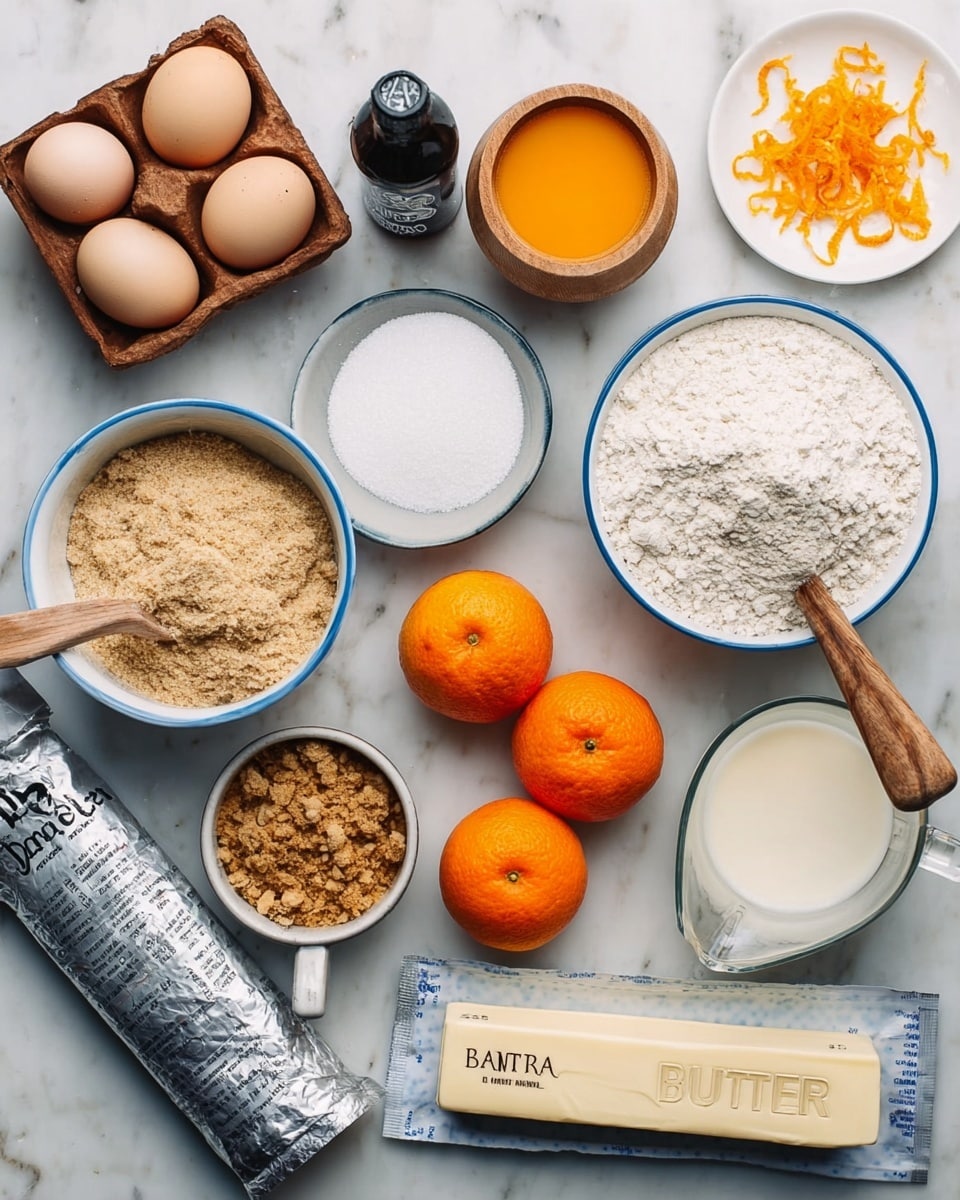 The image shows a top view of baking ingredients arranged on a white marbled surface. There are three eggs in a wooden tray at the top left, next to a small glass container of orange liquid, likely juice or melted butter. Below the eggs is a wooden cup filled with white granulated sugar. In a small white bowl beside it is white powdered sugar. Close by is a black bottle labeled vanilla. Three bright orange tangerines group together near the center. Two white bowls with blue rims hold dry ingredients with wooden spoons in them—one bowl has light brown crumbs, and the other has a coarser brown mixture. A stick of butter wrapped in paper lies horizontally with the word