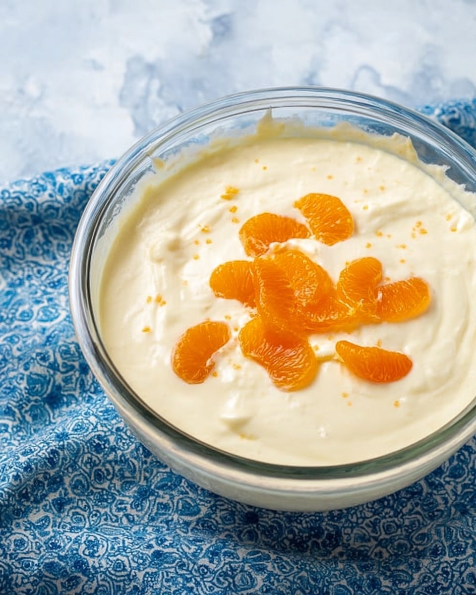 A clear glass bowl filled with a creamy white batter mixed smoothly with small lumps visible, topped with bright orange mandarin segments spread loosely on the surface; the bowl sits on a blue patterned cloth over a white marbled surface, the batter layer fills about three-quarters of the bowl, and the mandarin pieces are scattered near the middle, showing their juicy texture clearly photo taken with an iphone --ar 4:5 --v 7
