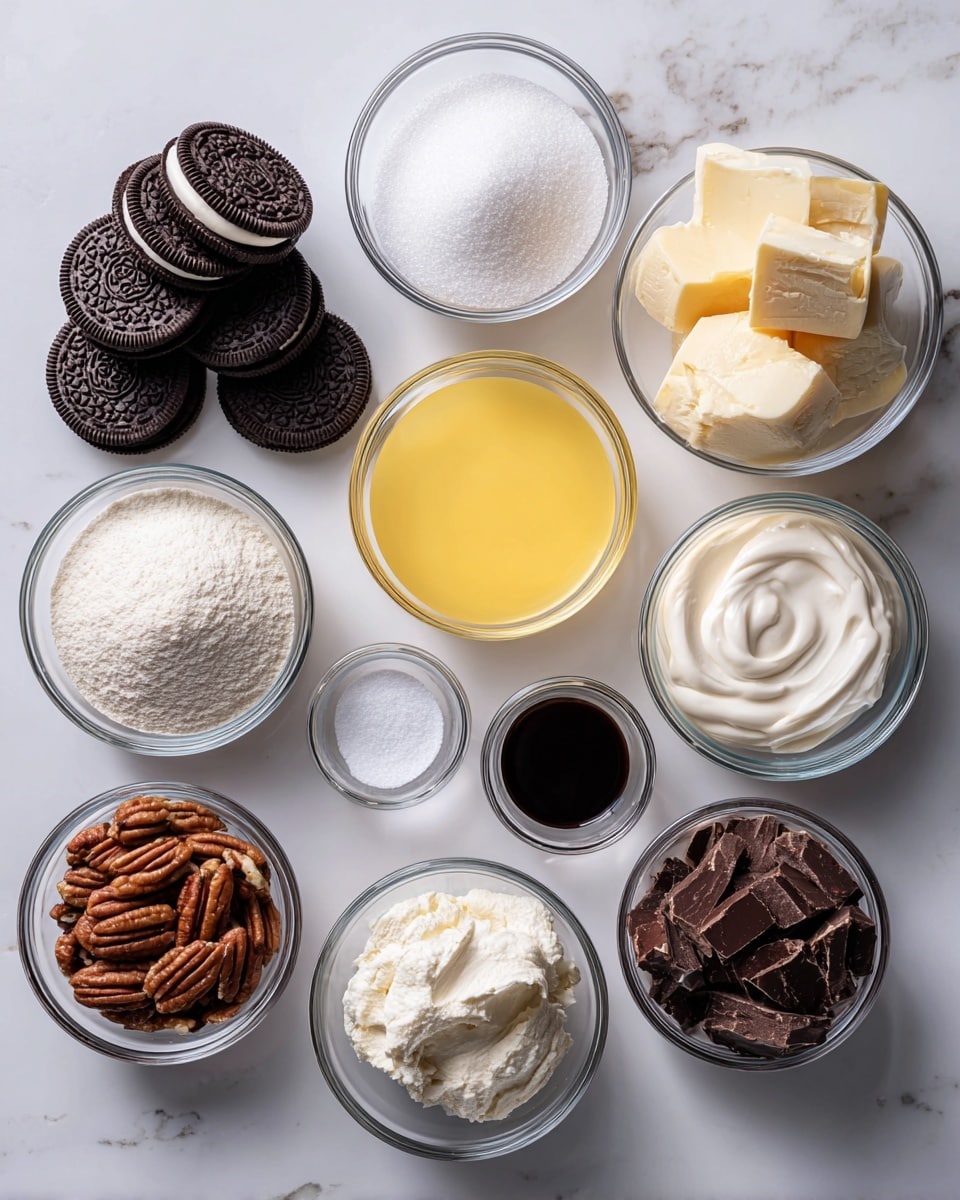 The image shows eleven small clear glass bowls arranged neatly on a white marbled surface, each containing a different ingredient. The top left bowl holds a stack of whole black Oreos with white cream filling visible at the edges. To the right, a bowl is filled with fine white granulated sugar. Below, a bowl with clear water and a bright yellow melted butter bowl sit side by side. Next to these, a bowl with smooth heavy cream is placed. In the center, a bowl of white powdered sugar is visible with a small bowl of dark brown vanilla extract next to it. Below, a bowl filled with soft white cream cheese, a bowl of chopped brown pecans, and a bowl of small dark chocolate chunks complete the layout. A tiny bowl with light salt sits just above the chocolate. The scene is well-lit with natural lighting, and all items are clearly labeled in simple black text above or near each bowl. photo taken with an iphone --ar 4:5 --v 7