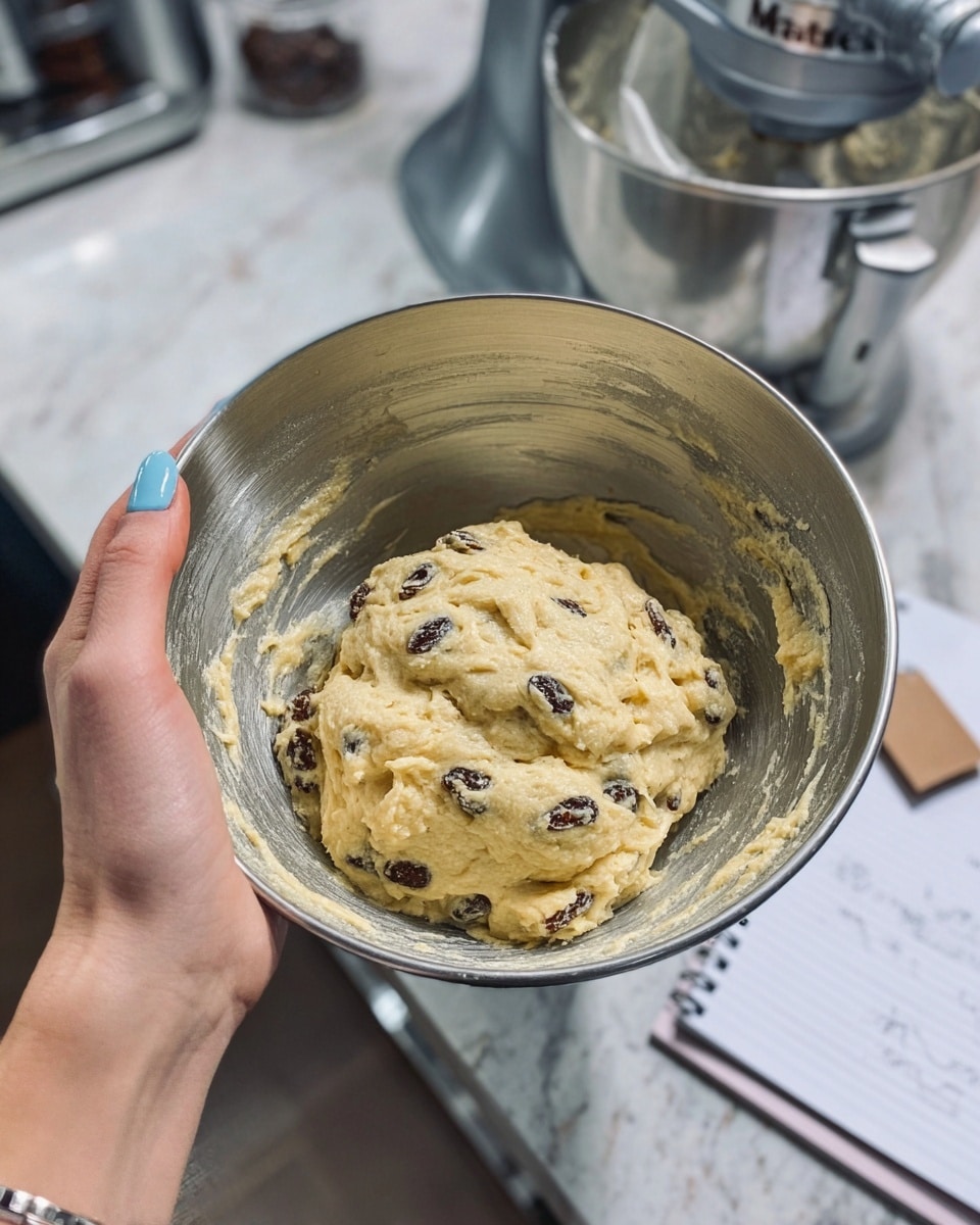 A close-up view of a silver mixing bowl held by a woman's hand with light blue nail polish, filled with thick, pale yellow dough mixed with dark raisins scattered throughout. The dough has a sticky, uneven texture clinging to the sides of the bowl. The bowl is placed over a white marbled surface with a metal stand mixer in the background and a small notebook with writing on the lower left side. Photo taken with an iphone --ar 4:5 --v 7