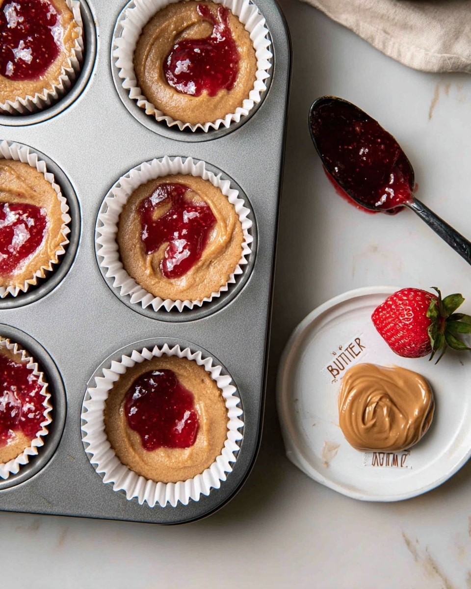 The image shows six white paper liners in a silver muffin tray filled with two layers: the bottom layer is a smooth, light brown peanut butter batter, and the top layer is a shiny, red strawberry jam swirled slightly into the peanut butter. To the right, there is a white marbled surface holding a small white dish labeled