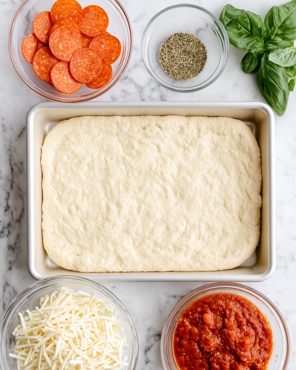 The image shows a baking pan with a thick, light beige pizza dough spread evenly as the first layer, covering the bottom and sides of the pan. Around the pan on a white marbled texture surface, there are three clear glass bowls holding different toppings: one with bright red pepperoni slices, one with shredded white mozzarella cheese, and one with chunky red pizza sauce. There is also a small glass bowl with dried herbs and a fresh green basil leaf placed near the top right of the pan. The arrangement is neat, with each ingredient clearly visible, giving a clean and fresh look to the preparation. Photo taken with an iphone --ar 4:5 --v 7