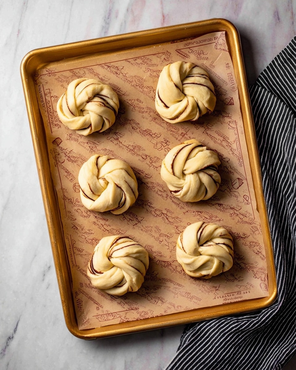 Six raw twisted dough knots sit spaced evenly on brown parchment paper with printed designs, placed on a light golden baking tray. Each dough knot has visible layers showing light yellow dough with thin, dark brown swirls inside, twisted into rosette shapes with smooth, slightly shiny texture. The tray is on a white marbled surface, and a black-and-white striped cloth is near the tray’s bottom right corner. Photo taken with an iphone --ar 4:5 --v 7
