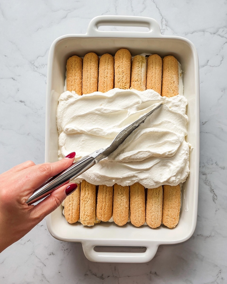 A white rectangular dish with two handles is filled with a single layer of light brown ladyfinger cookies arranged side by side, showing their rough textured tops and rounded edges. On top, a smooth, thick layer of white whipped cream is being spread evenly with a metal spatula held by a woman's hand with dark red nail polish. The dish sits on a white marbled surface, and the whipped cream covers about half of the cookie layer in the center. photo taken with an iphone --ar 4:5 --v 7