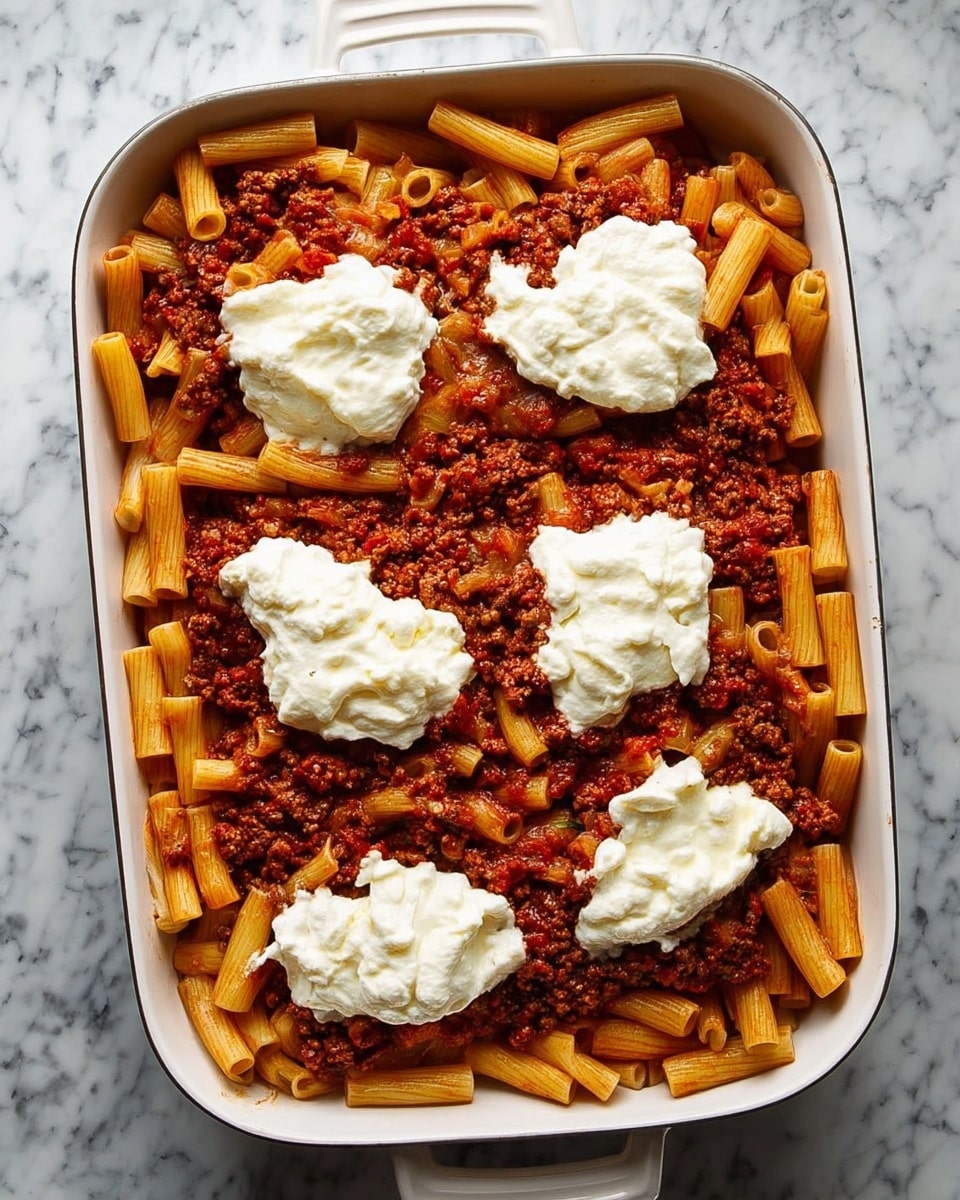 A large white baking dish filled with a layer of short tubular pasta mixed with a thick reddish meat sauce containing small pieces of cooked onion and tomato. On top, there are five dollops of creamy white cheese spread evenly across the surface. The dish rests on a white marbled surface. photo taken with an iphone --ar 4:5 --v 7