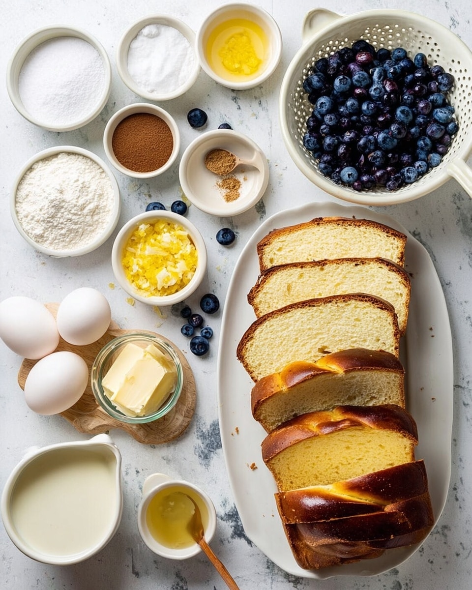 The image shows many ingredients neatly arranged on a white marbled surface. On the right, a white plate holds multiple slices of golden brown braided bread stacked in two layers, showing soft and airy texture inside. Above it, a white colander is filled with fresh dark blue blueberries, and a few blueberries are scattered around on the surface. To the left, various small white bowls contain different ingredients like white powdered sugar, granulated sugar, cinnamon powder, and a creamy white yogurt-like substance. There are also three white eggs, a small jug of milk, a small bowl with brown sugar and a wooden spoon, pale yellow butter chunks, a small cup with yellow lemon zest, and small cups with vanilla extract and a light yellow liquid on the surface photo taken with an iphone --ar 4:5 --v 7