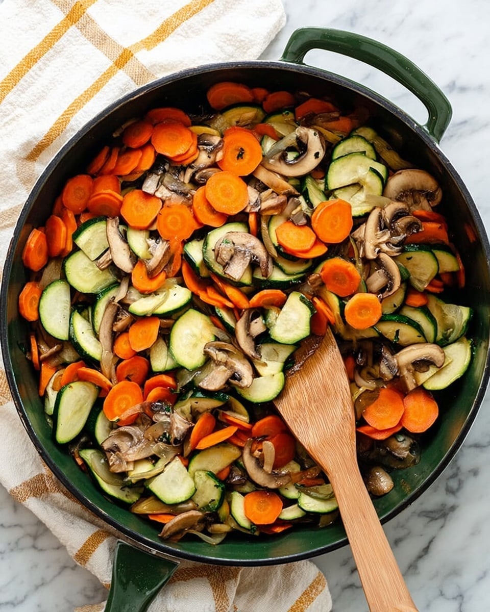The image shows a large dark green pan filled with three types of cooked vegetables in layers: orange carrot slices, light green zucchini slices with dark green edges, and light brown mushroom slices with a darker brown center. The vegetables are mixed together evenly with a wooden spatula resting inside the pan on the right side. The pan is placed on a white marbled surface with a folded white and yellow striped cloth partially visible underneath. Photo taken with an iphone --ar 4:5 --v 7