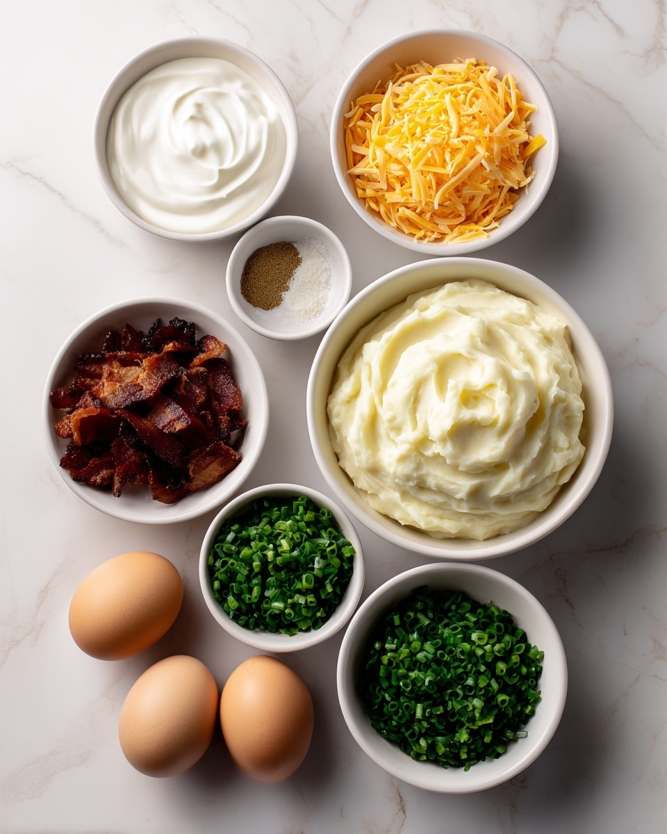 The image shows seven white bowls arranged on a white marbled surface, each containing different ingredients. Starting from the top left, there is a small bowl with thick white sour cream, next to it a small bowl with light beige spices. To the right of the spices is a larger bowl filled with bright yellow shredded cheese. Below the cheese is a large bowl of creamy off-white mashed potatoes with a smooth texture and a slight swirl on top. To the left of the mashed potatoes is a bowl with crispy, dark brown bacon pieces, and below that a small bowl filled with finely chopped fresh green chives. On the left middle side, a medium bowl holds two whole eggs, one light brown and one slightly darker. The bowls are neatly placed in a grid-like arrangement. Photo taken with an iphone --ar 4:5 --v 7