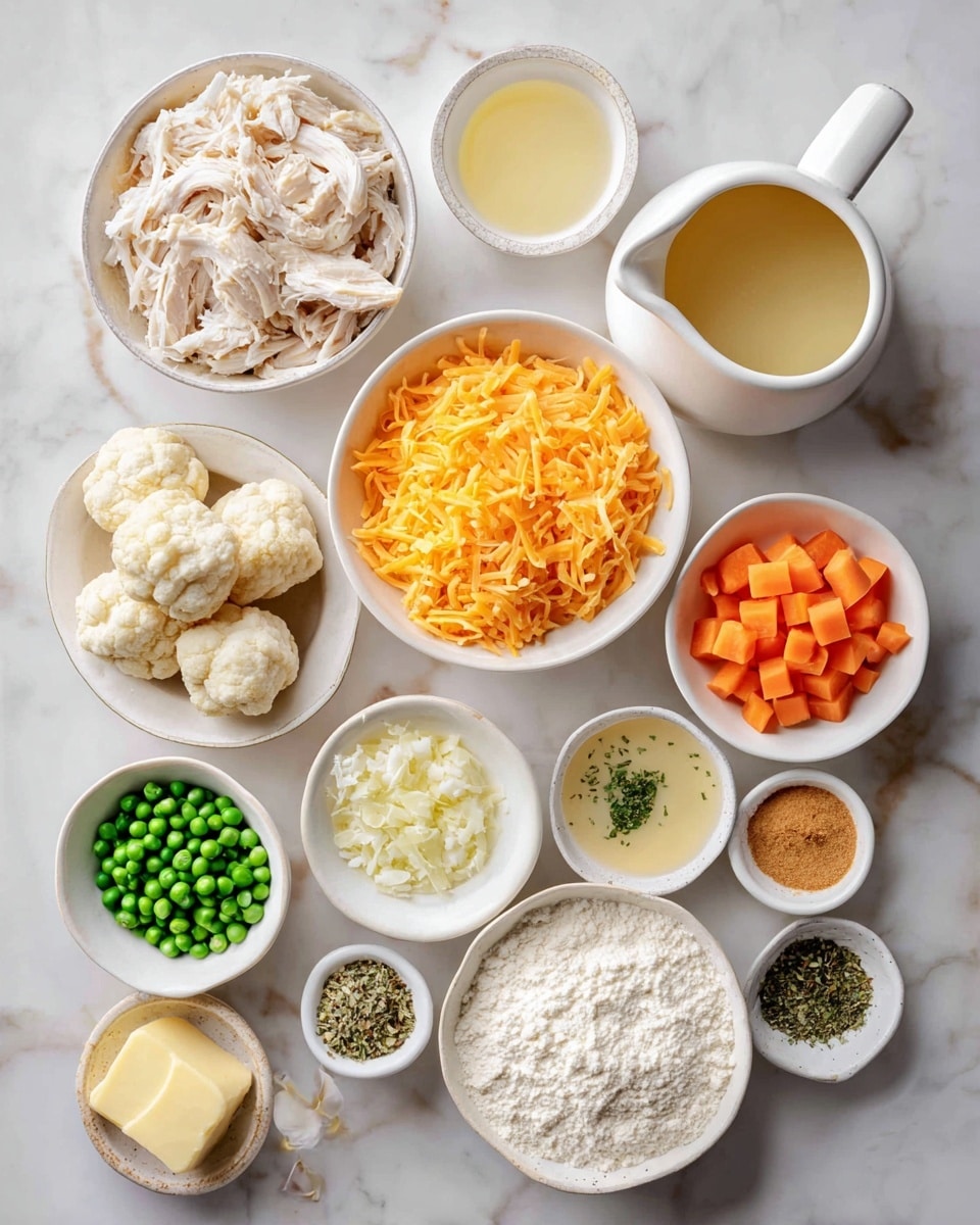 The image shows various ingredients laid out on a white marbled surface in white bowls and cups. There are shredded white chicken pieces in one bowl, a bowl of bright orange shredded cheese, and a bowl of chopped white onions. Another bowl holds frozen green peas and orange carrot cubes. There is also a bowl of off-white biscuit mix, a smaller bowl with white flour, and a cup of light yellow broth. A small bowl has minced garlic with a pale yellow color, and another bowl contains mixed green herbs and light brown spices. There is a small white plate with yellow butter and another small bowl with biscuit seasoning in a beige color. A white pitcher holding cream completes the set of ingredients. photo taken with an iphone --ar 4:5 --v 7