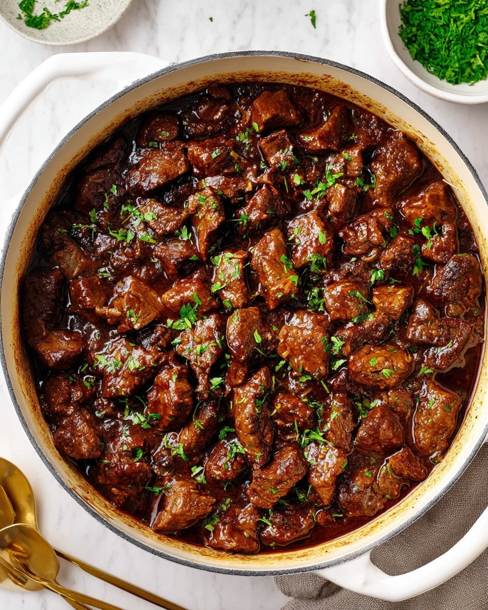The image shows a large white pot filled with many chunks of dark brown cooked meat in a thick, rich sauce. The meat pieces vary in size and look tender, with the sauce coating them fully, giving a shiny texture. Small green chopped herbs are sprinkled evenly over the top, adding fresh color contrast. The pot sits on a white marbled surface, with a white bowl of chopped green herbs nearby and a pair of gold serving spoons partially visible beside the pot. Photo taken with an iphone --ar 4:5 --v 7